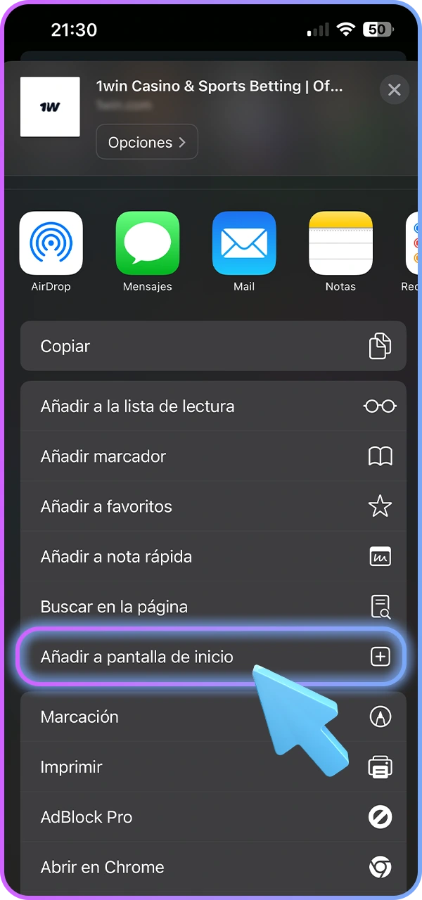 Añade 1win a tu pantalla de inicio.