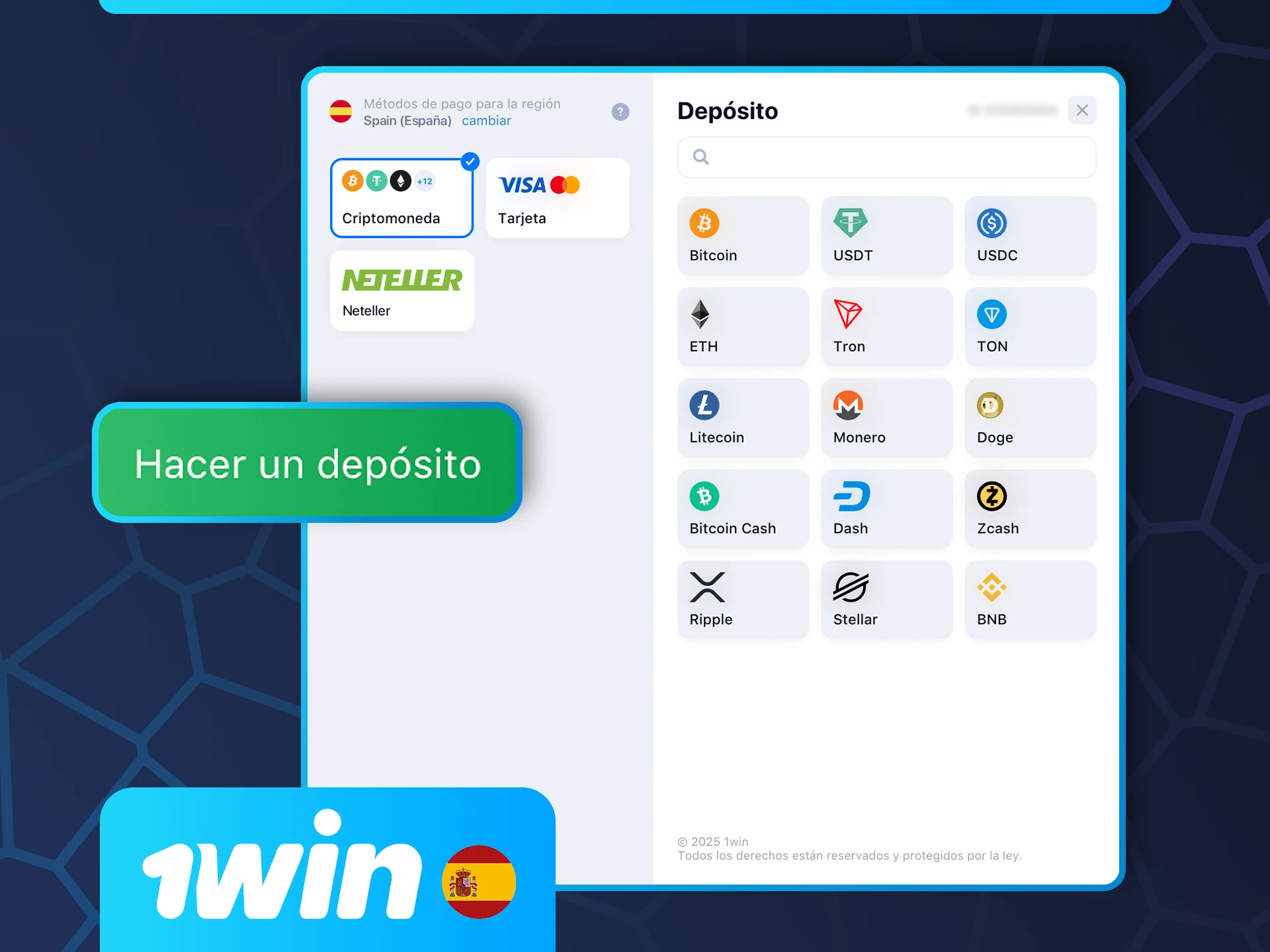 Sigue las instrucciones para hacer un depósito en 1win.