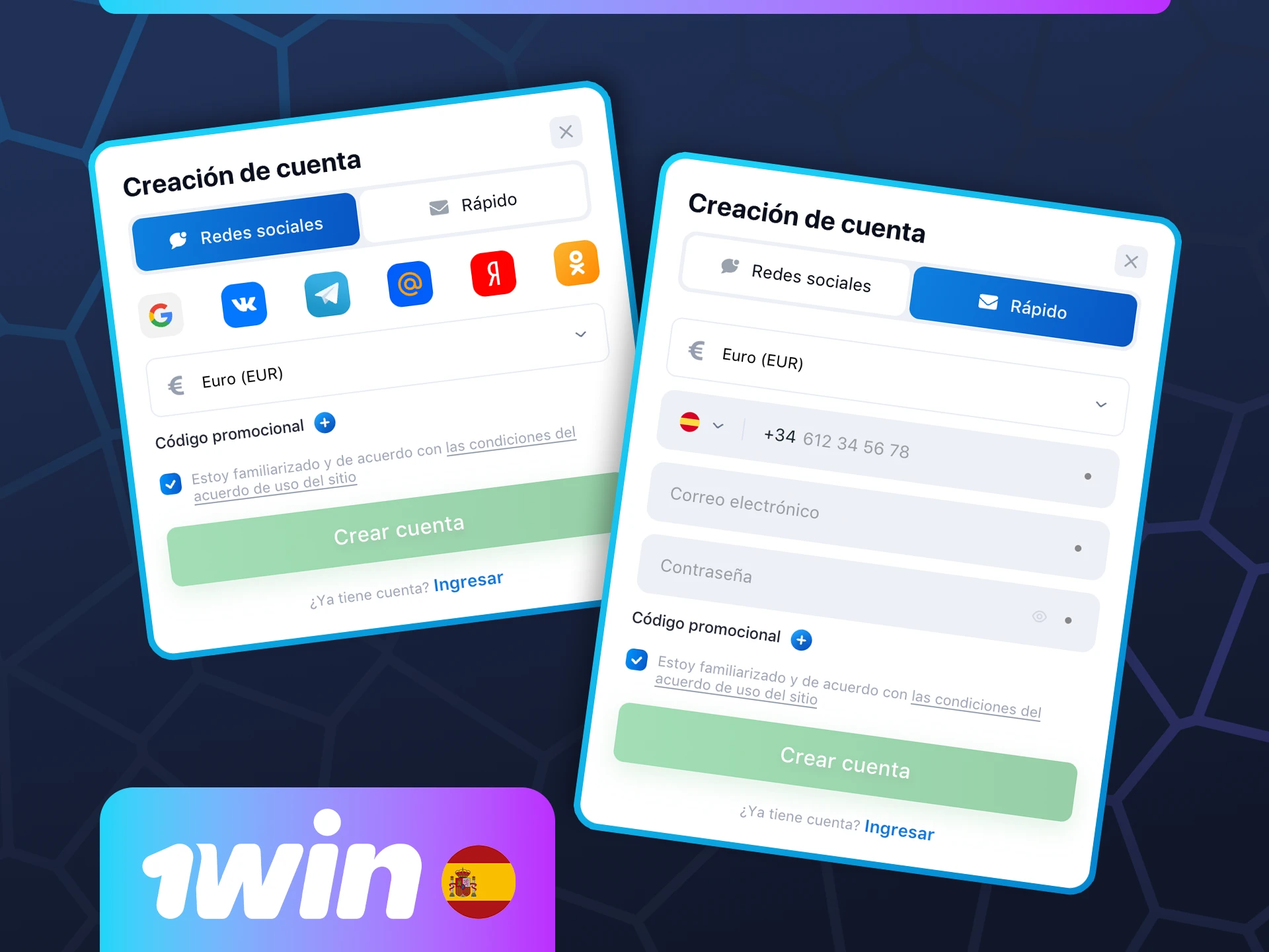 Sigue estos pasos para registrarte en 1win.
