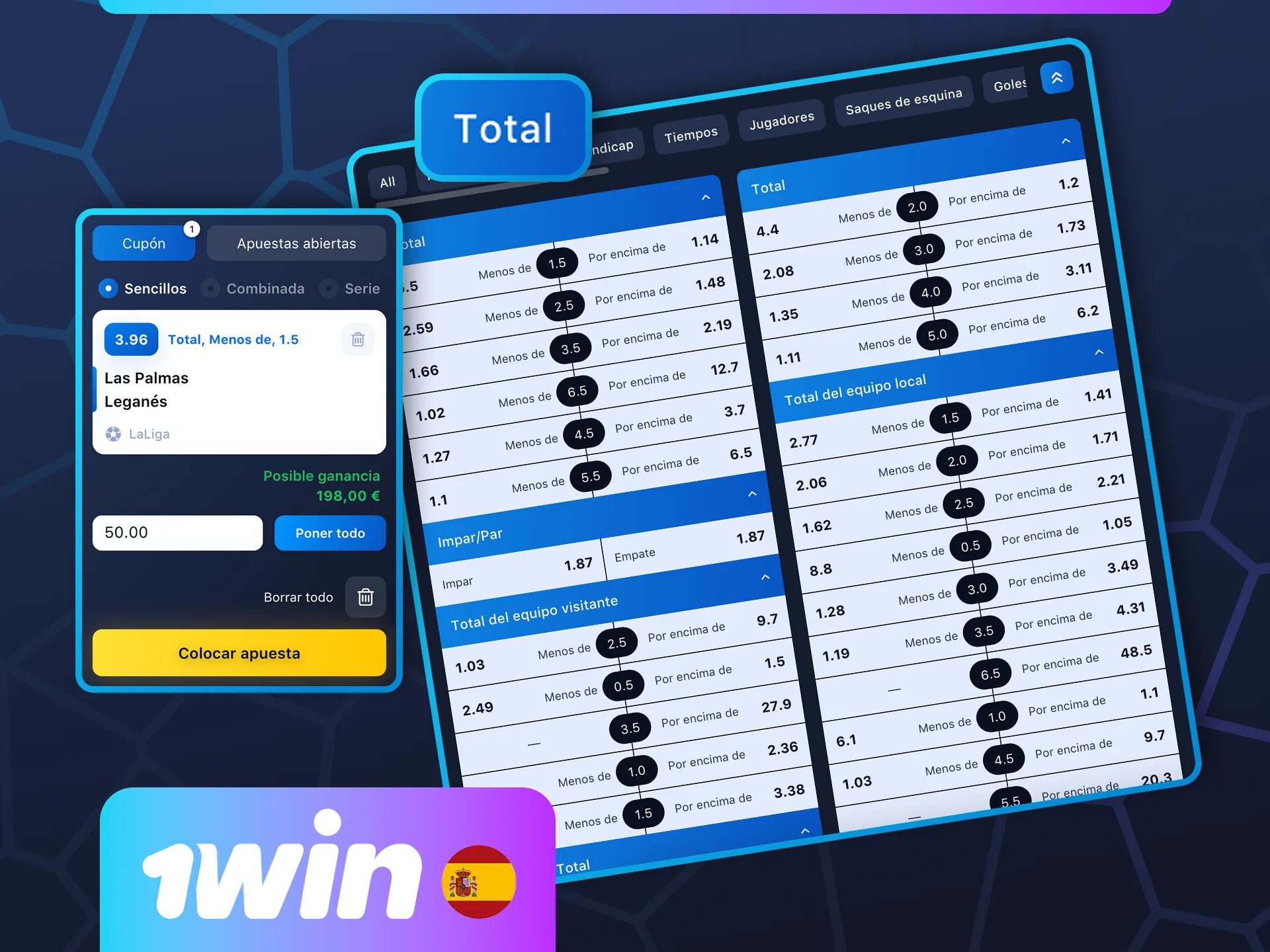 Las apuestas por el resultado total de cualquier evento están disponibles en el casino 1win.