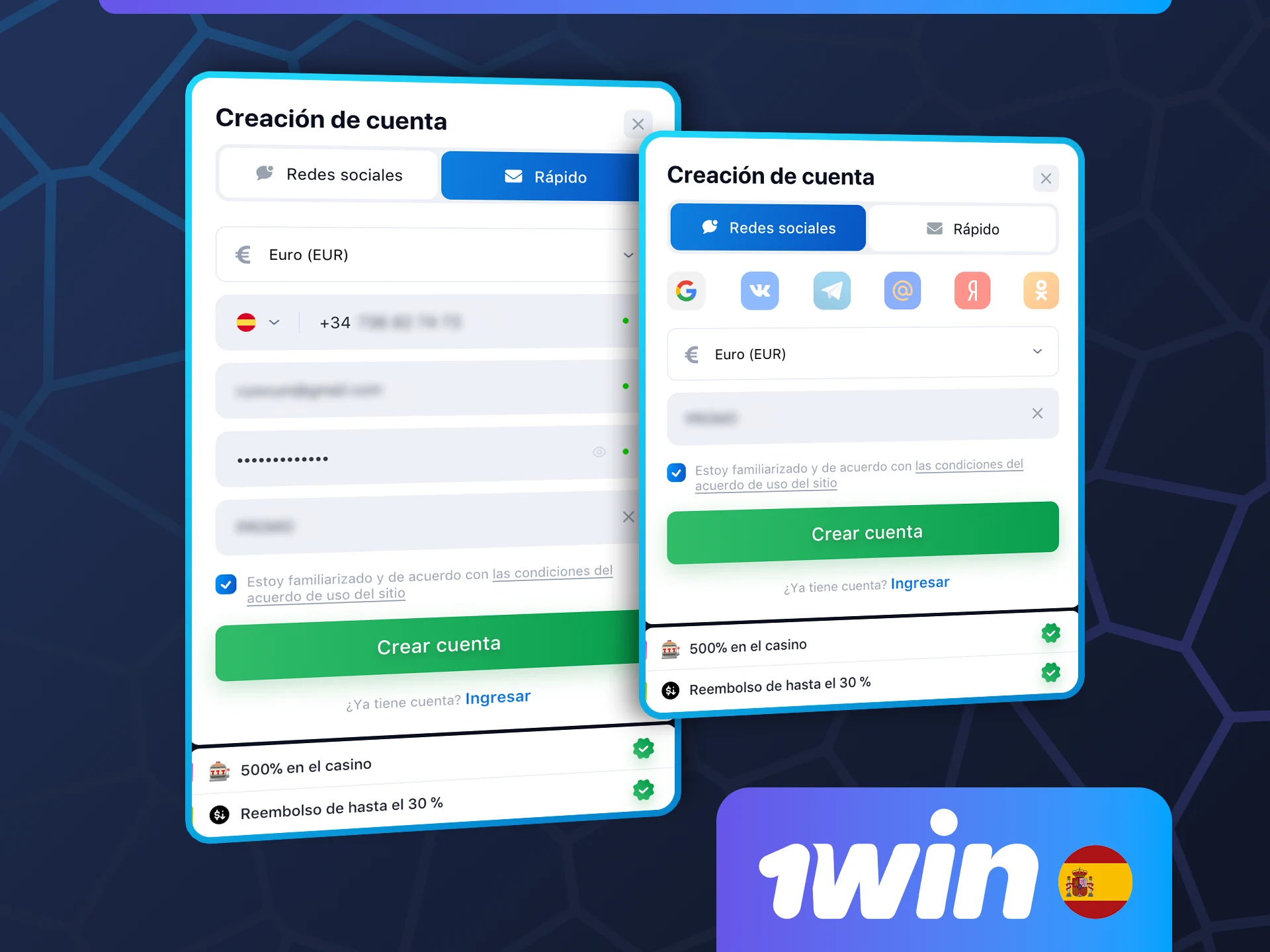 Lee la guía paso a paso para registrarte en el casino 1win.